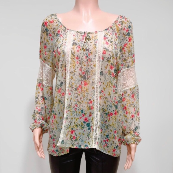 Vera Wang Princess Semi Sheer Floral Long Sleeve Lace Flowy Peasant Top - Picture 1 of 5